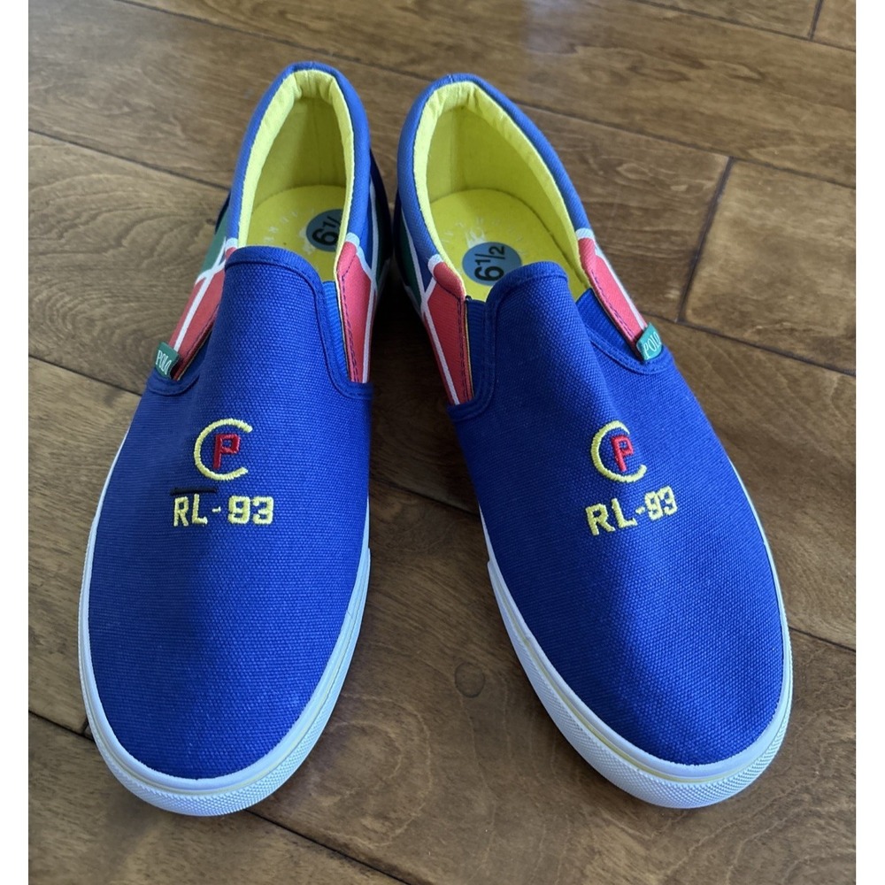 POLO RALPH LAUREN RL-93 Blue White Slip On Loafers Canvas Boat Shoes Mens Sz 6.5